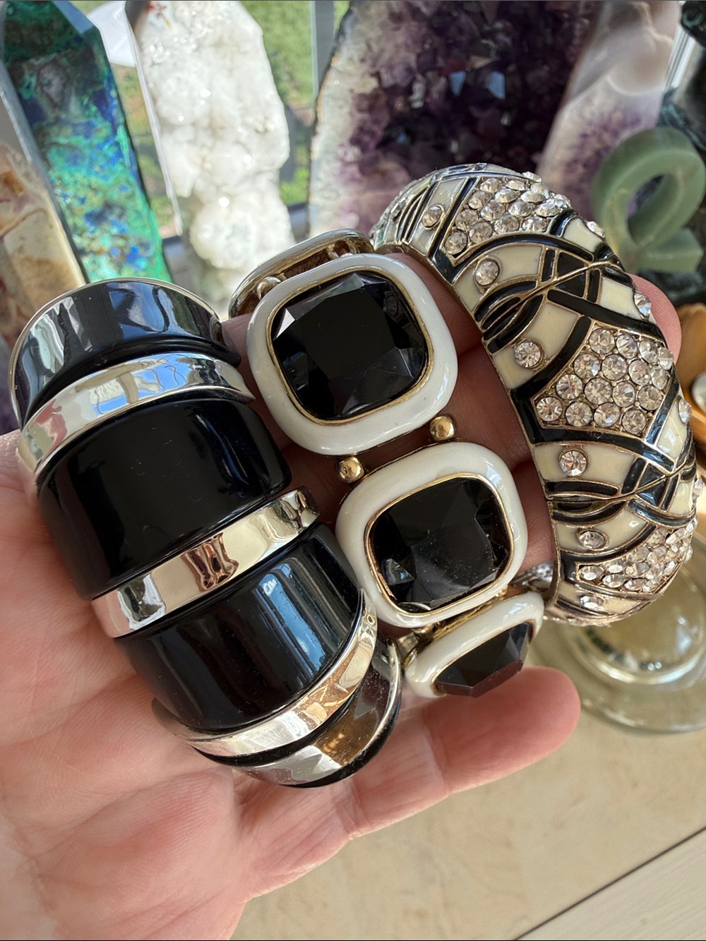 Vintage Black and White Statement Stretch Bangles with Crystal Accents